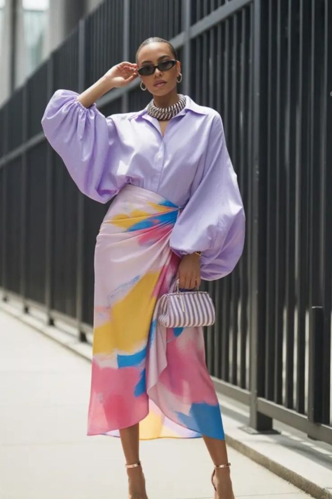 Lilac blouse white pleated culottes