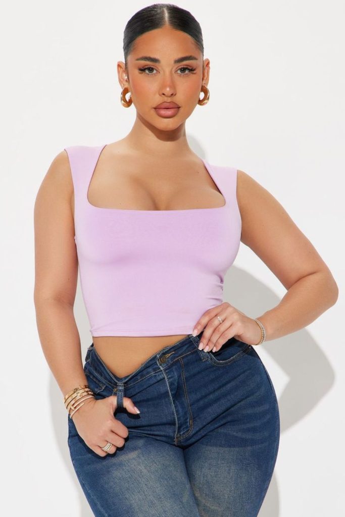 Lilac sleeveless top denim jeans