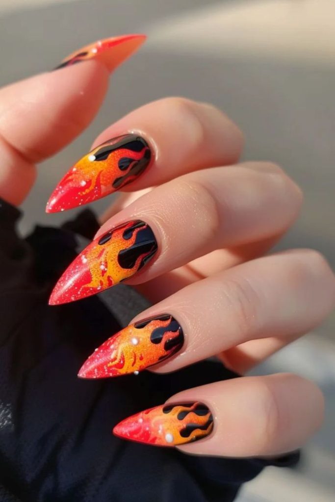 Fiery molten nails with flowing streaks.
