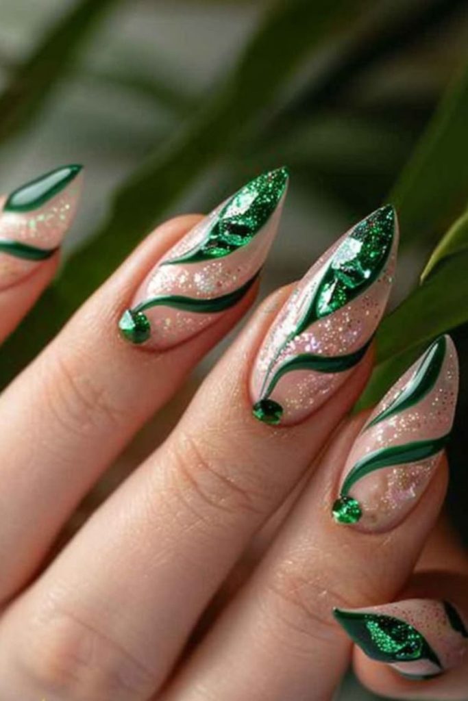 Tropical rain-inspired nails with emerald drops