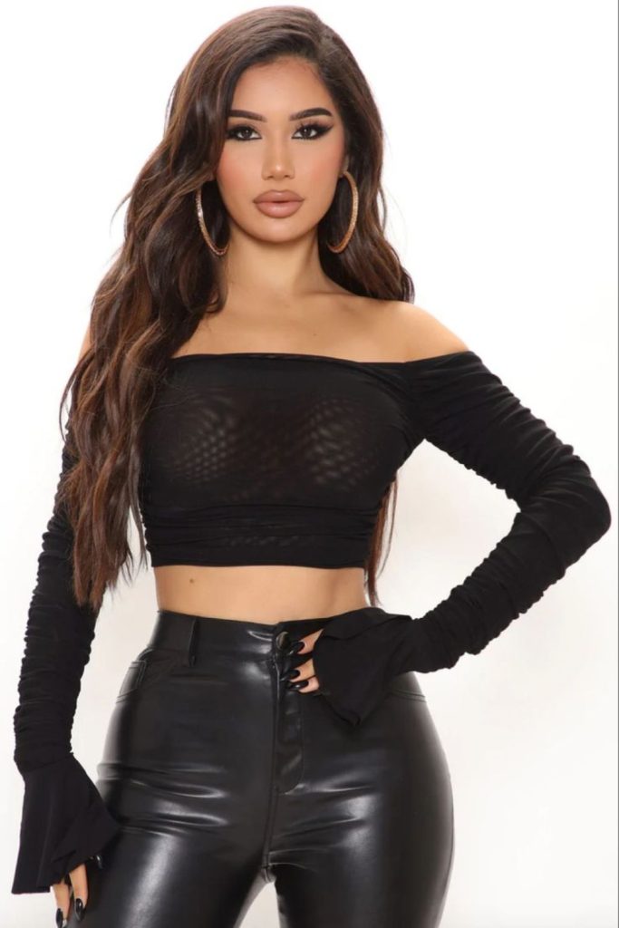 Black off-shoulder mesh black leather pants