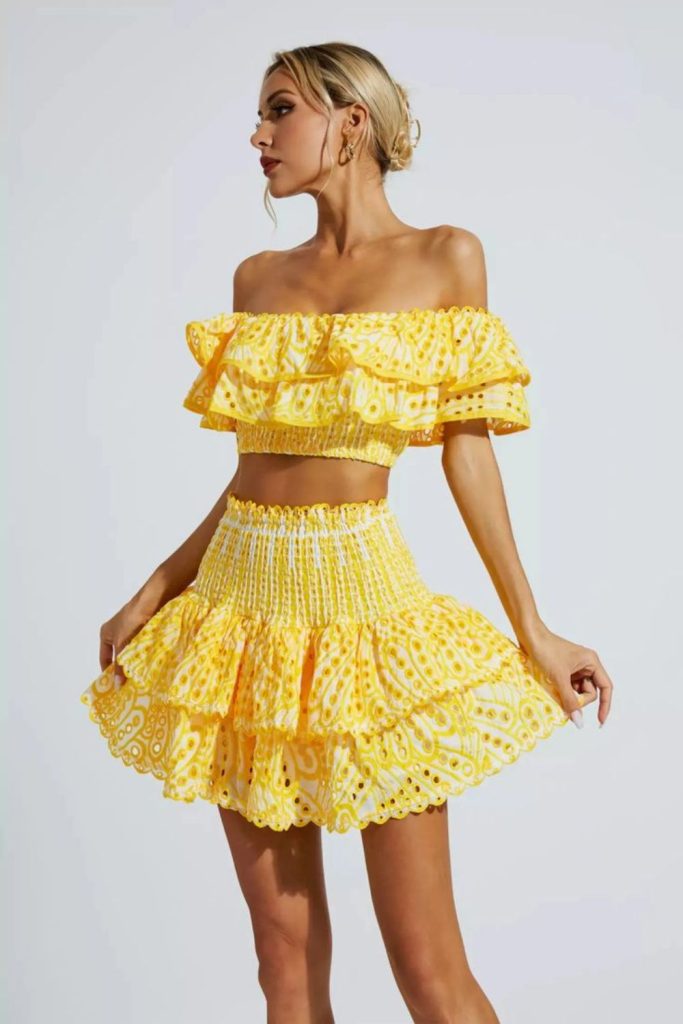 Yellow ruffle blouse mini skirt