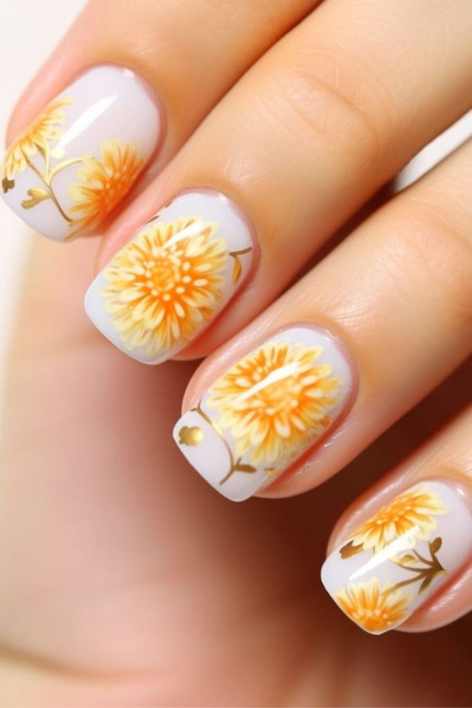 Marigold nails with cream accents