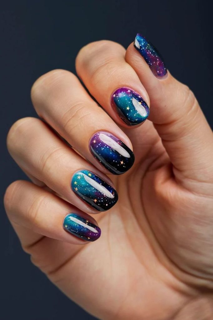 Dark galaxy swirl short nail art