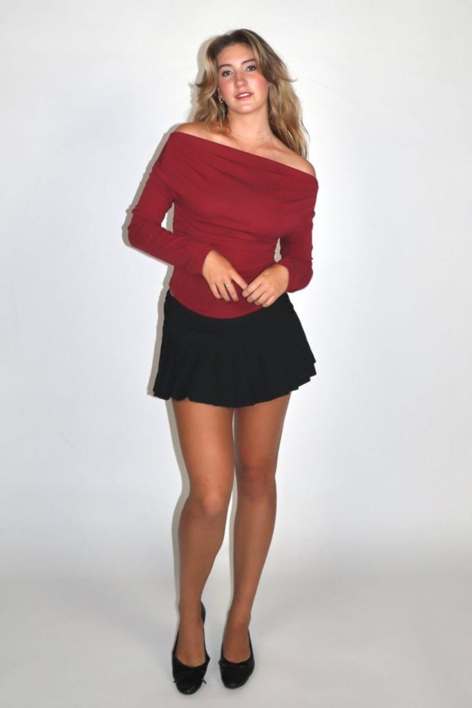 Dark rose off-shoulder top black skirt