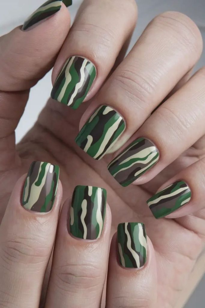 Green brown camo inspired short nails
