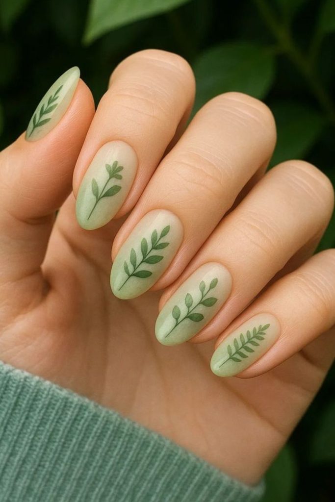 Delicate leaf patterns on muted nails