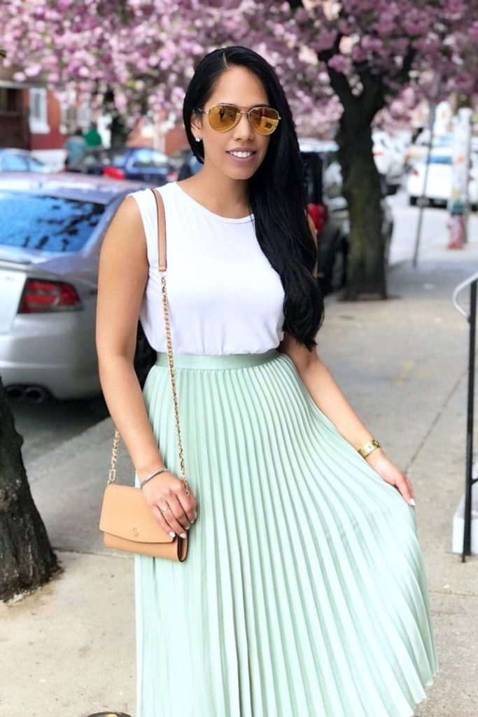 Silk blouse mint pleated skirt