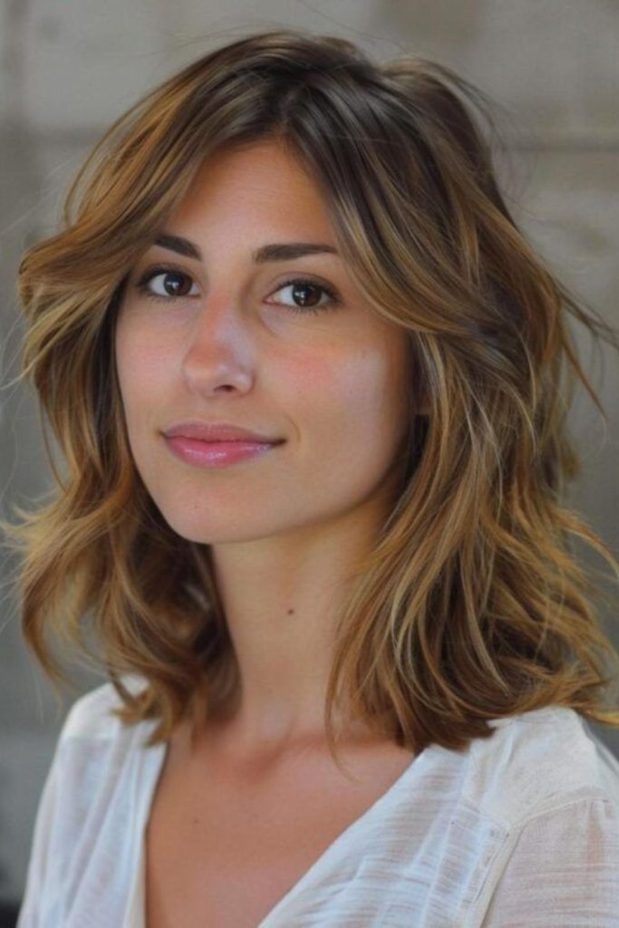 Wavy lob creating fuller hair illusion.