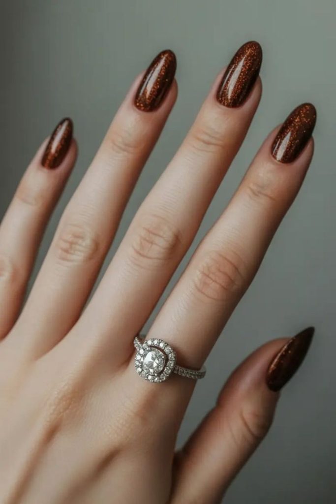 Brown nails, cozy soft shimmer.