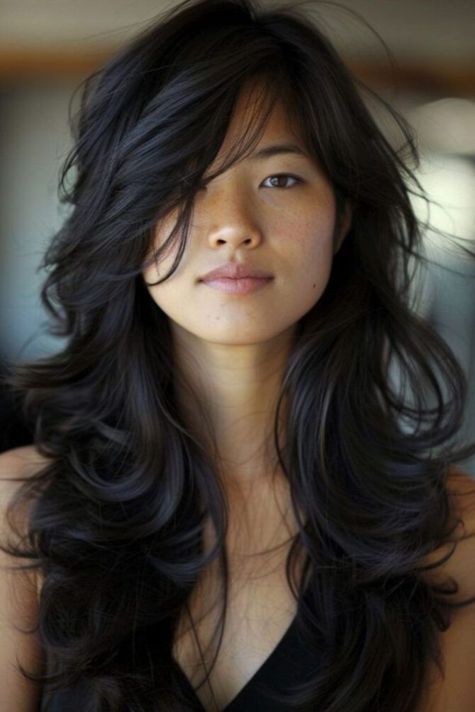 Long layered hair with side sweep