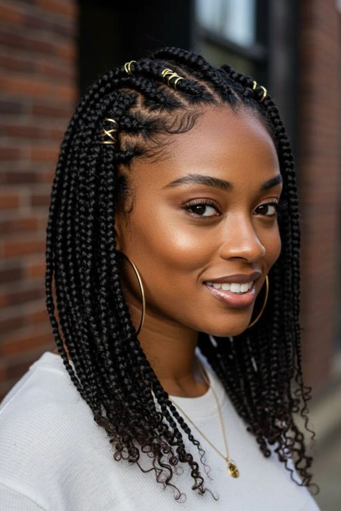 Curved braids accented with silver charms