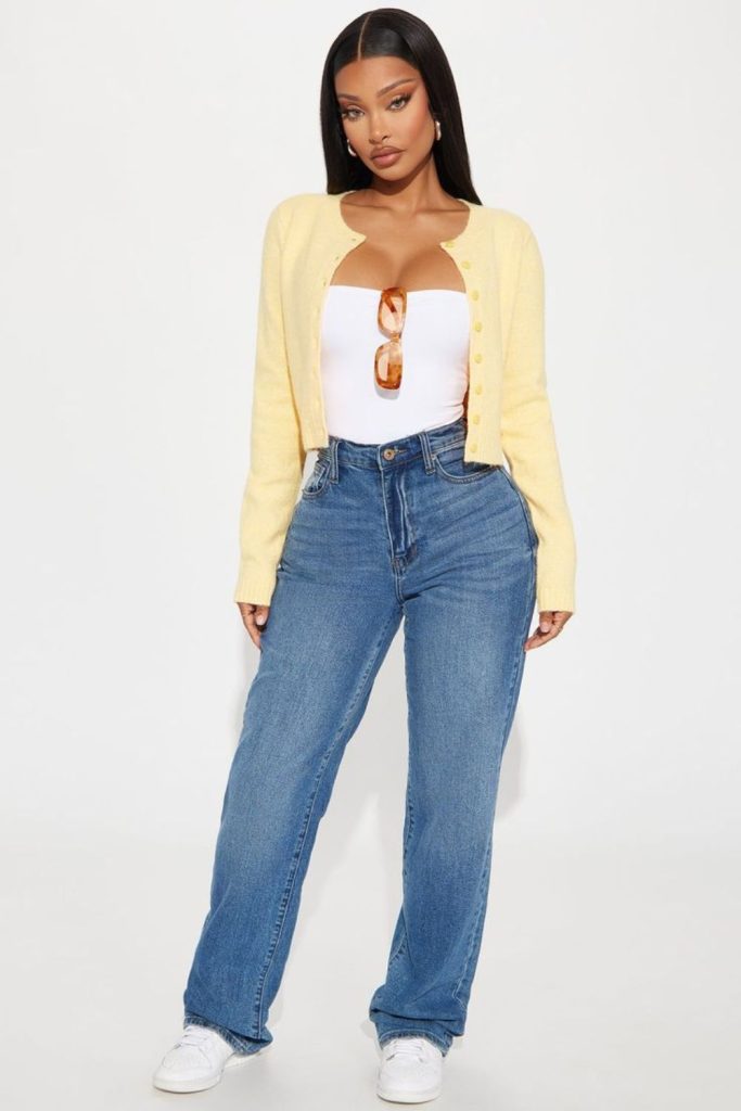 Mustard wrap cardigan high-waist jeans