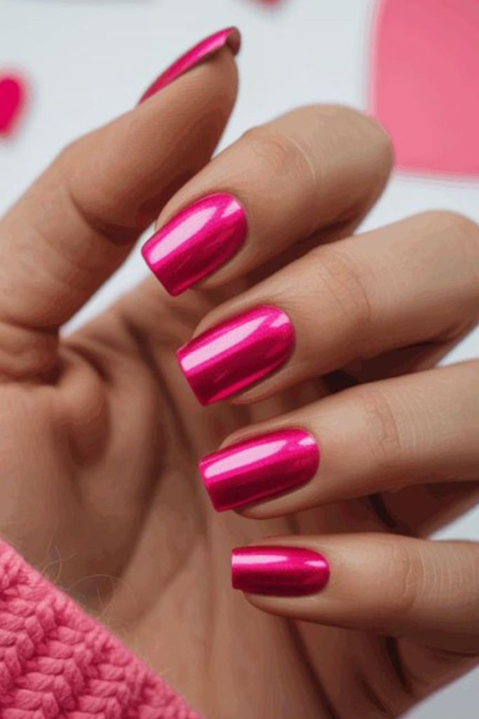 Electric pink nails with holo bursts.