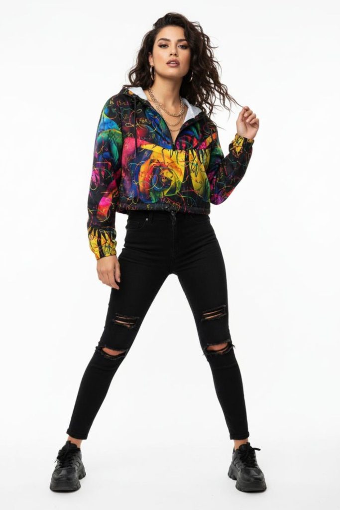 Neon streaked jacket slim black ripped pants