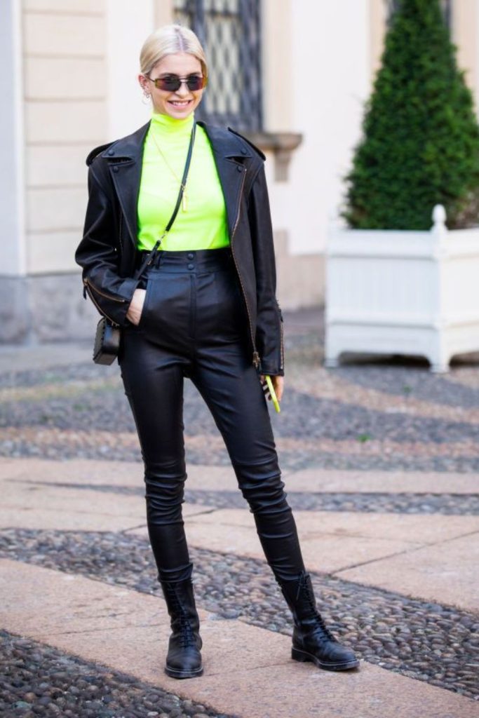 Neon-stroked black jacket ripped jeans