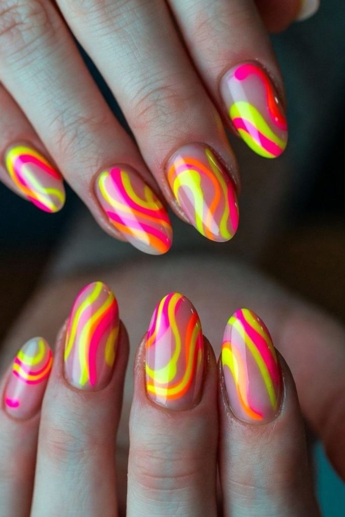 Neon zigzag playful micro nail design