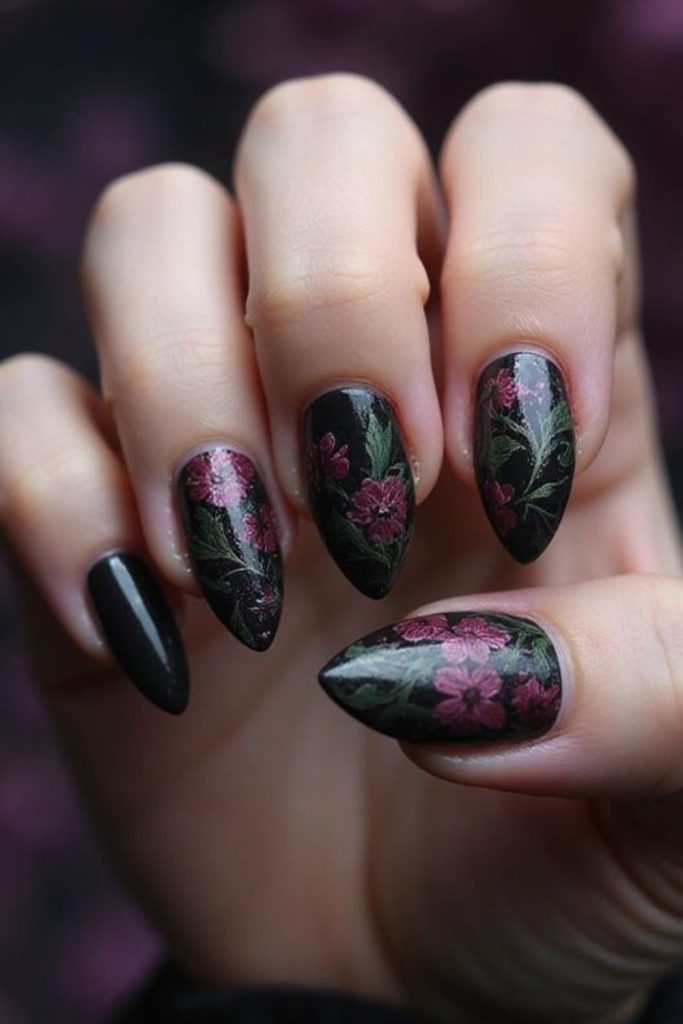 Obsidian nails with violet flower streaks