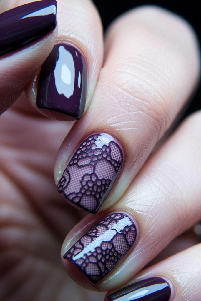 Gothic lace nails with violet shimmer