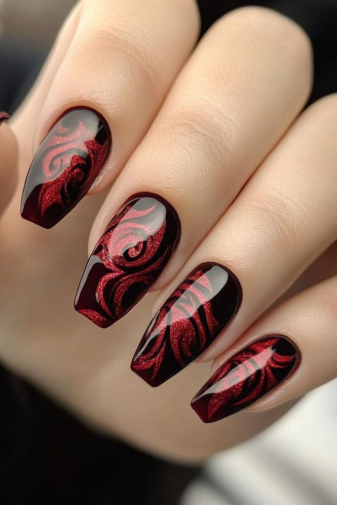 Black nails with crimson vein streaks
