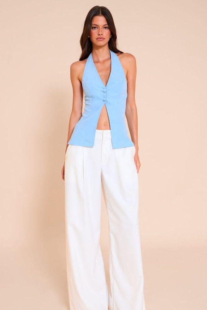 Turquoise halter top white linen trousers