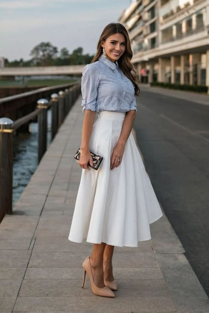 Light turquoise blouse white skirt