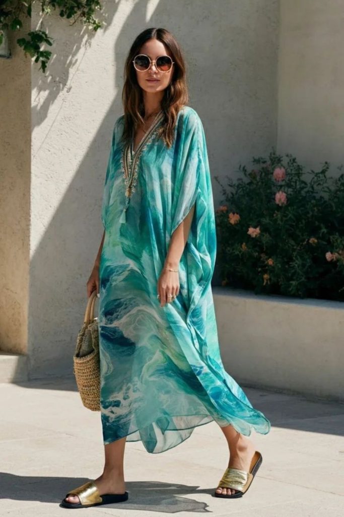 Turquoise kaftan leather sandals straw hat