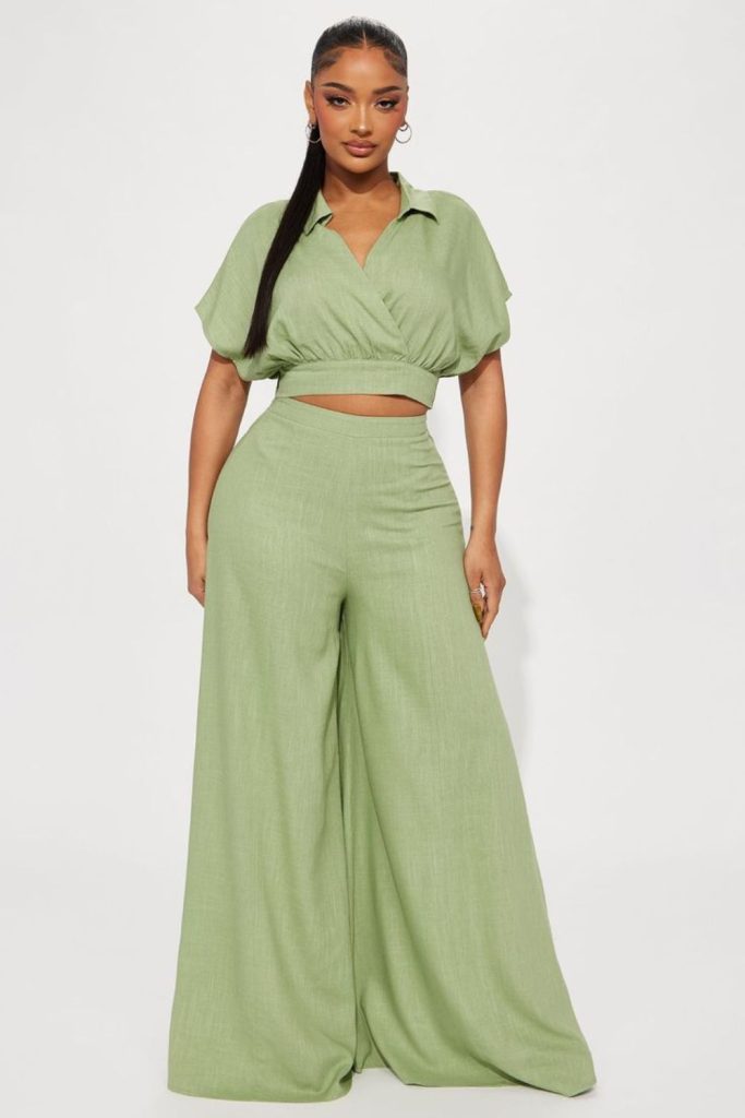 Olive blouse pastel linen trousers