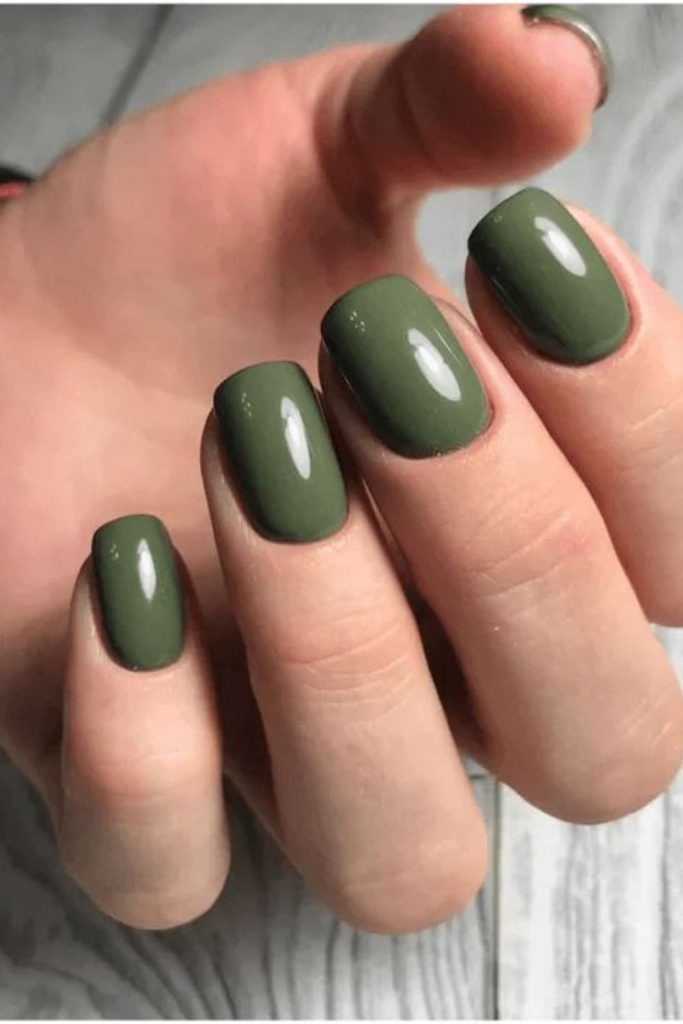 Olive nails, muted twilight sophistication.