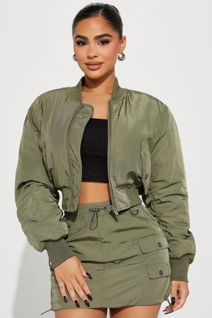 Olive crop jacket cargo skirt