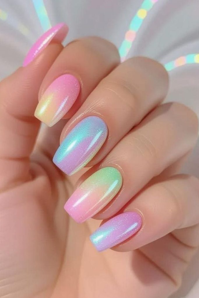 Soft pastel gradient nails with shimmer.