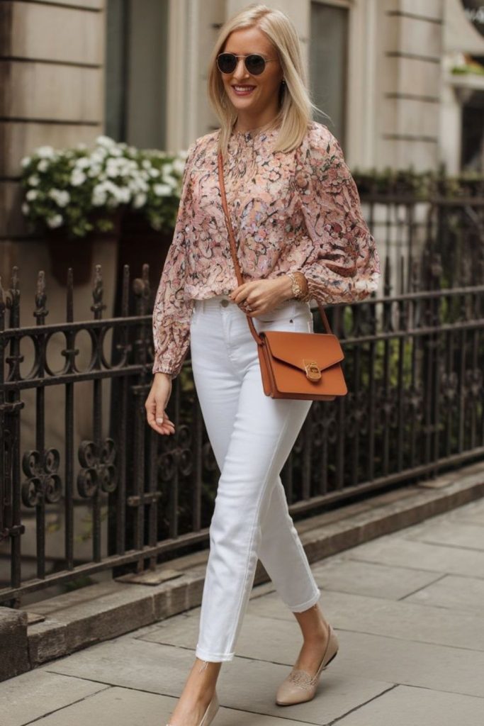 Peach blouse white jeans soft outfit.
