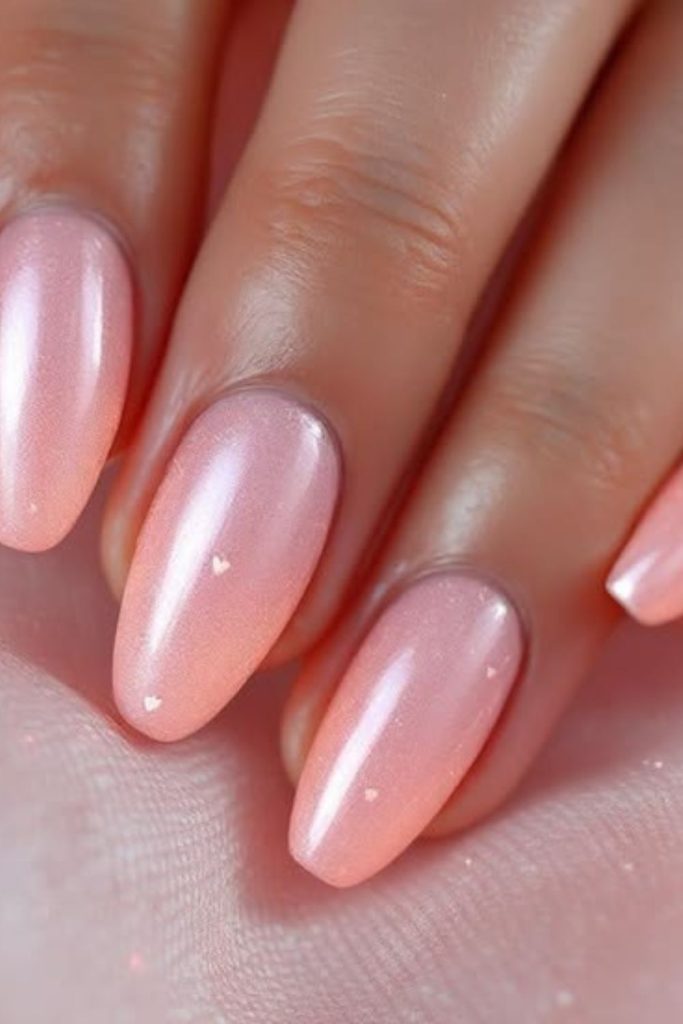 Soft peach nails with gentle shimmer.