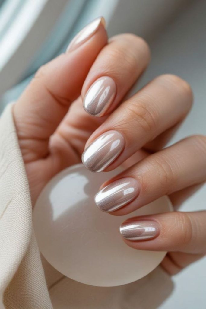 Pearl overlay nails with metallic flecks