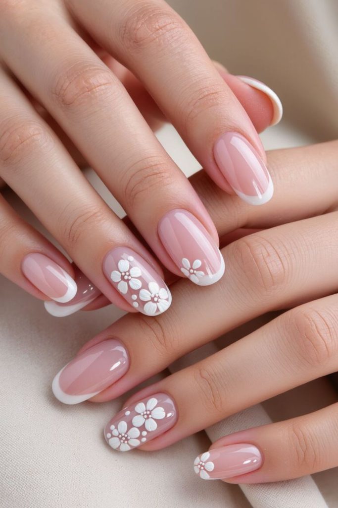 Soft blush floral spring nail design.