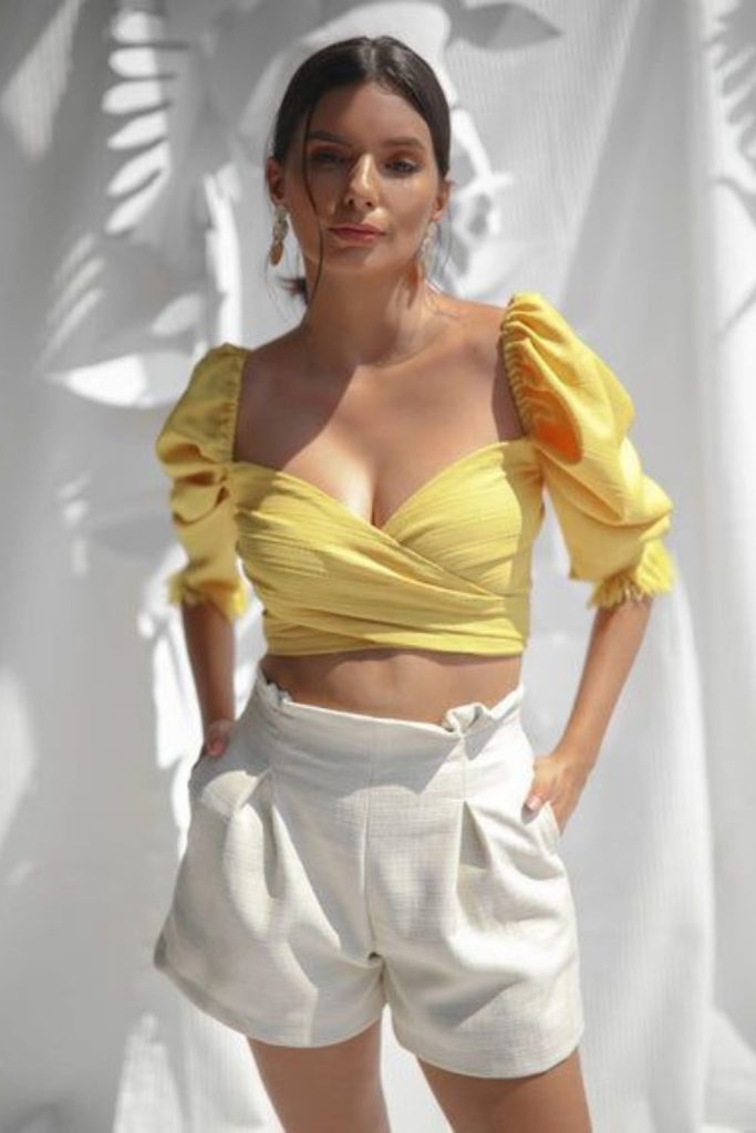 Yellow crop blouse white shorts