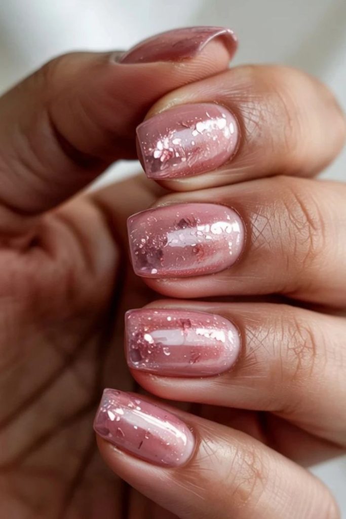 Metallic rose nails with glitter bursts.
