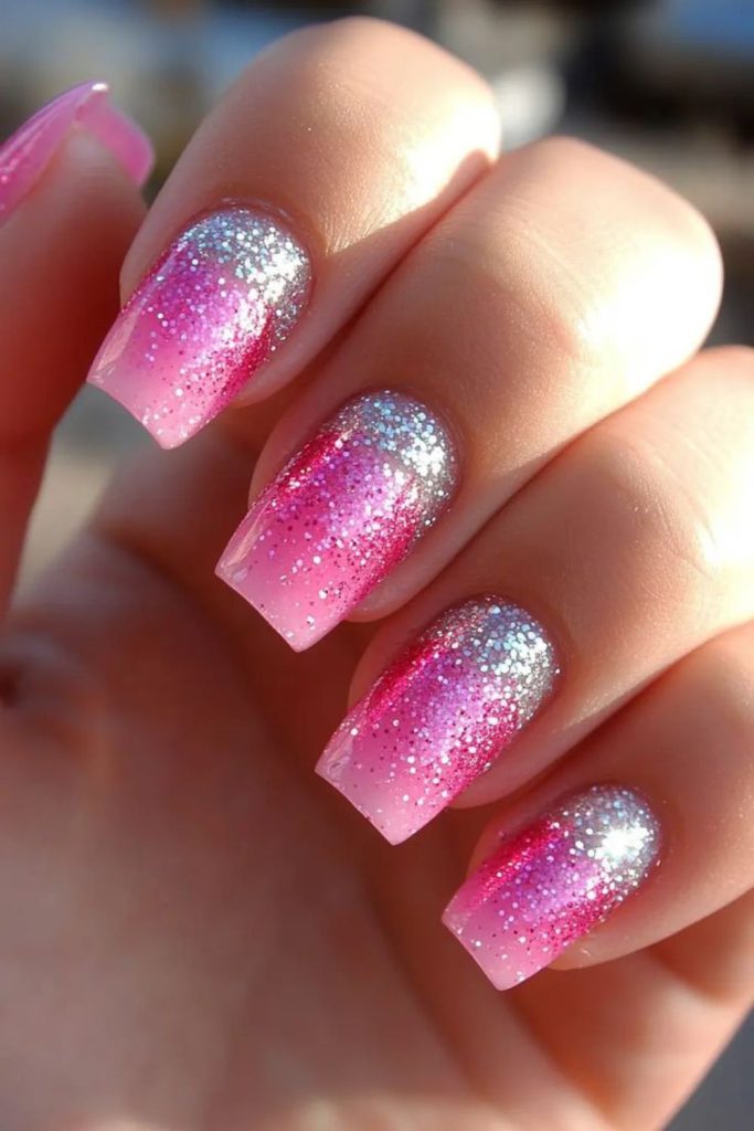 Pink nails with cosmic glitter effect.