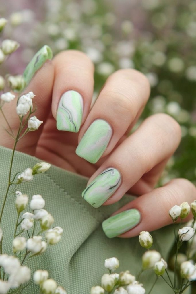 Pistachio matte nails with white swirls.