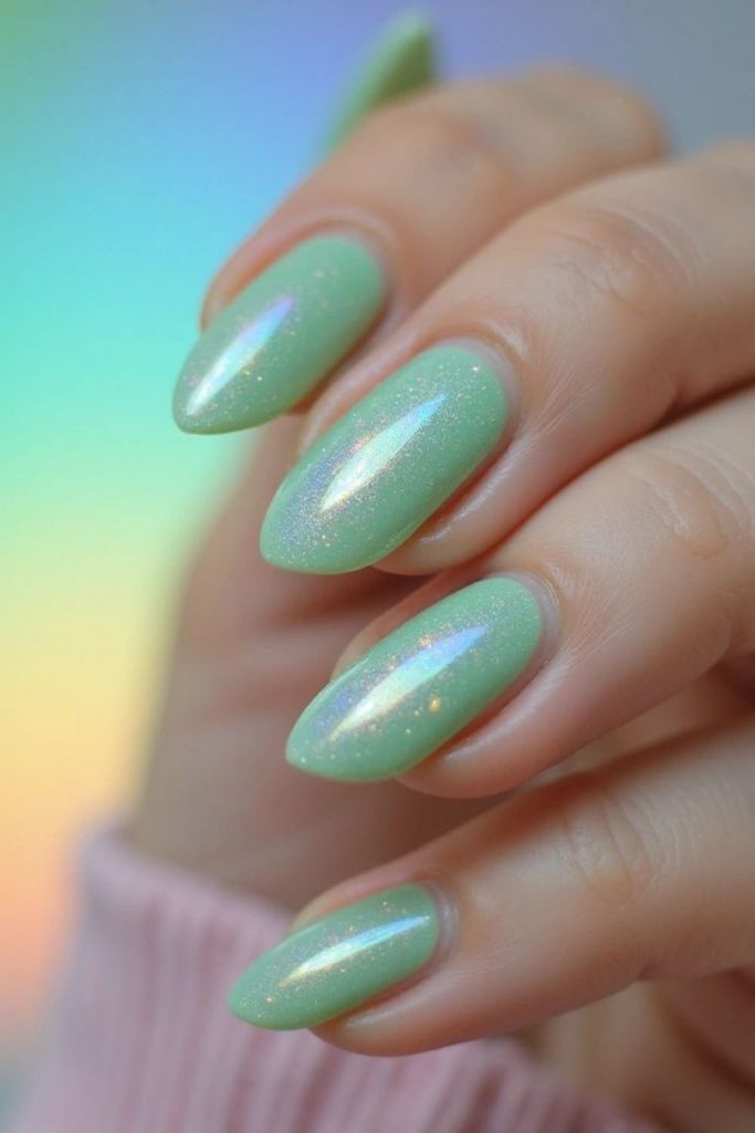 Pistachio green nails with subtle shimmer