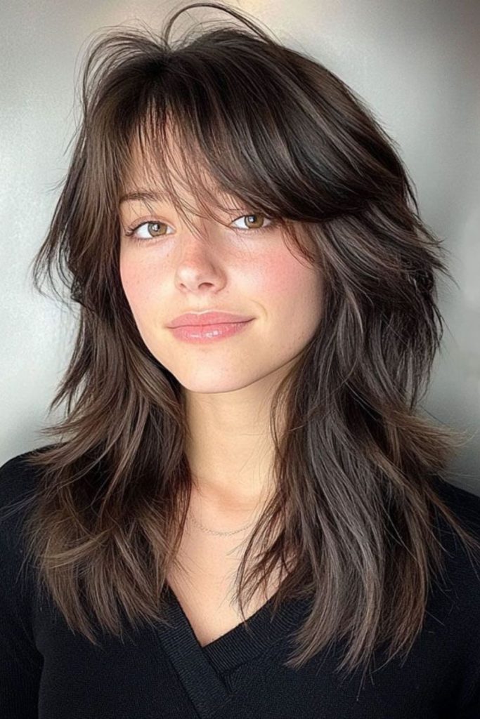 Rounded shag cut with soft volume.