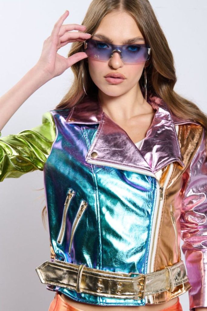 Asymmetrical holographic jacket slim trousers
