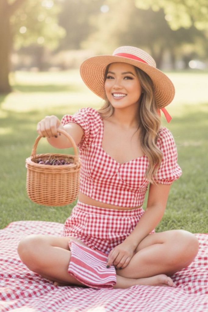Gingham blouse picnic summer outfit idea.