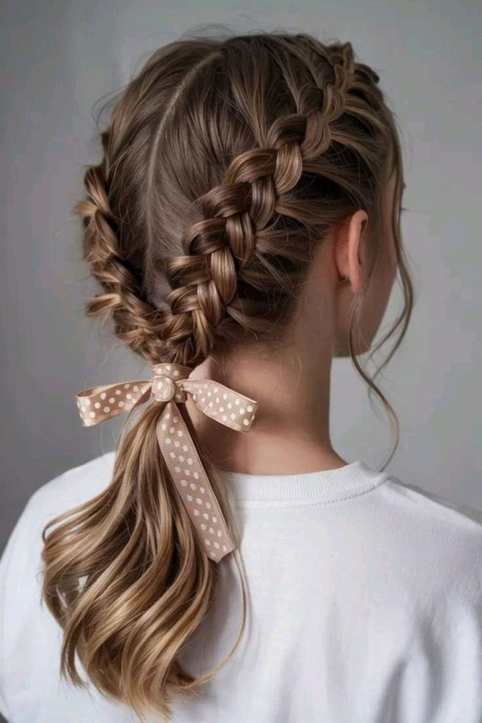 Pigtails tied with fluttering satin ribbons