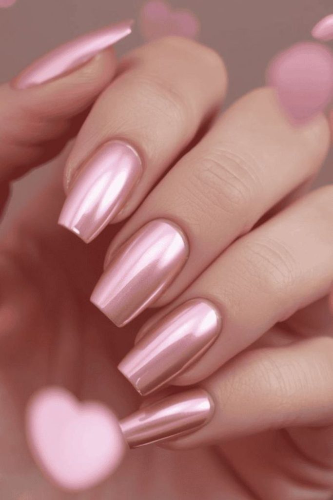 Delicate rose pink nails with iridescence.