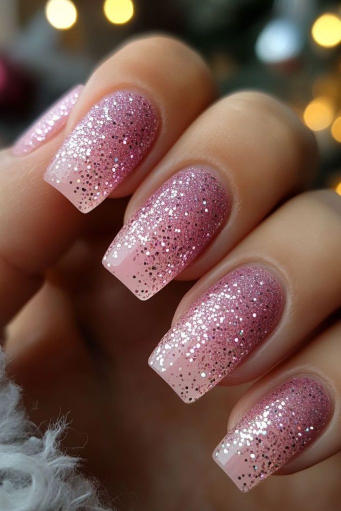 Pink quartz nails with glitter fragments.