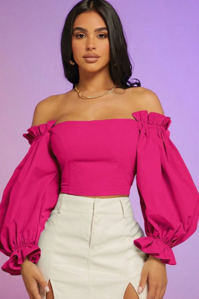 Rosewood off-shoulder blouse white skirt