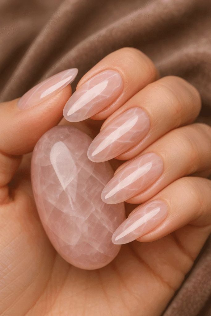 Rose quartz inspired shimmer nails.