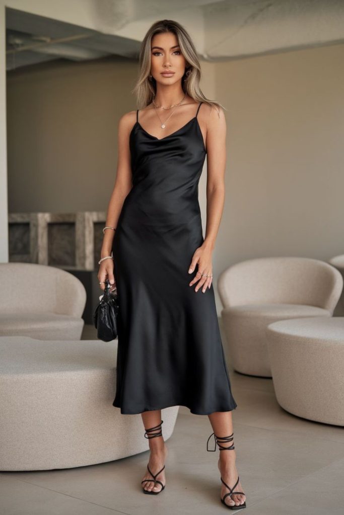 Satin slip dress evening outfit.