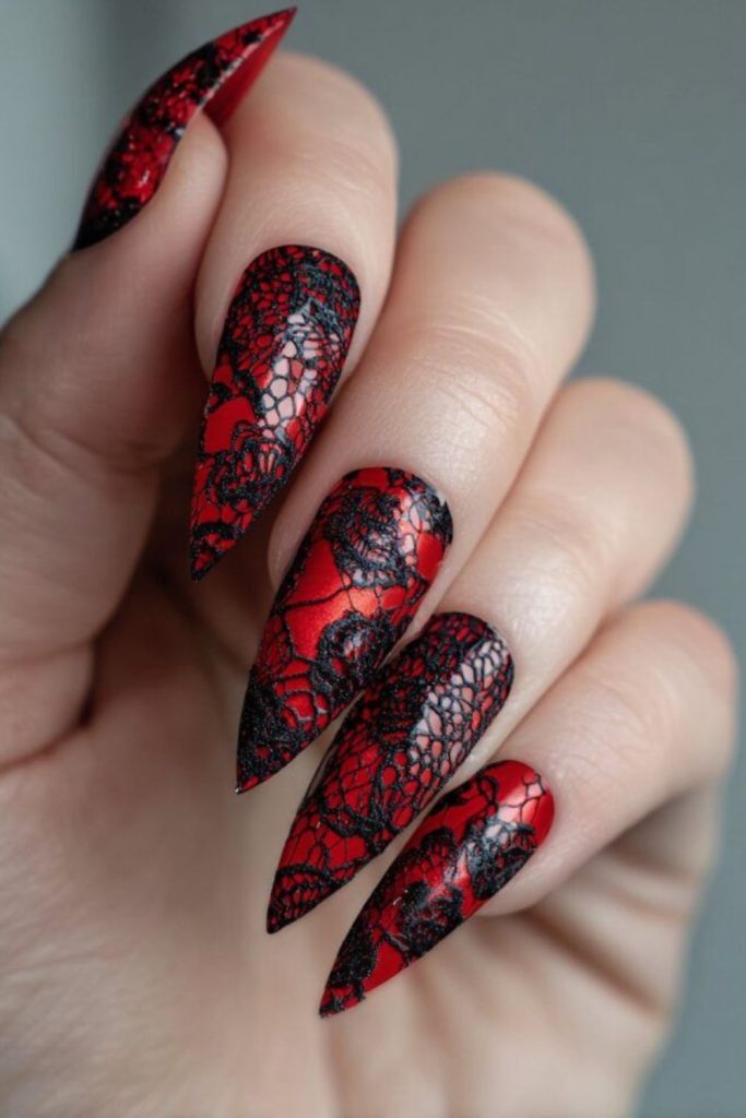 Red nails overlaid with black lace